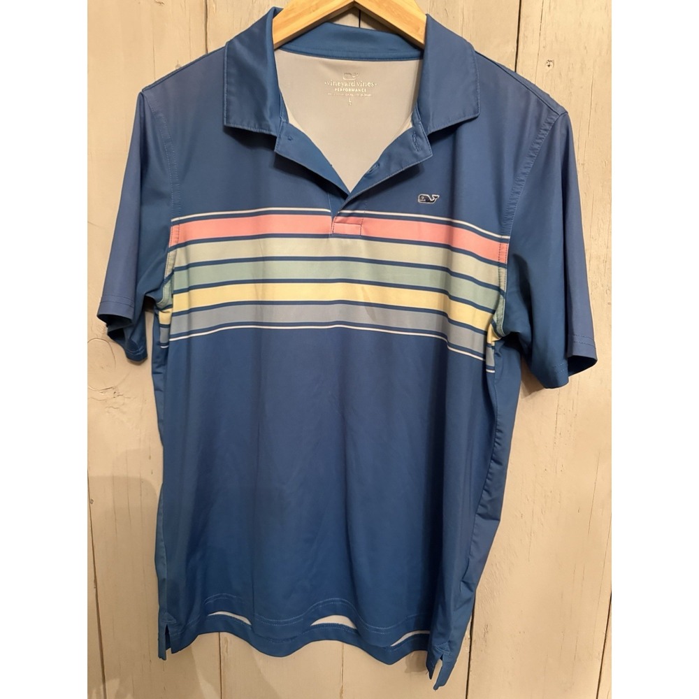 Vineyard Vines Performance Boys Tide Blue Engineered Stripe Polo Lg Shirt